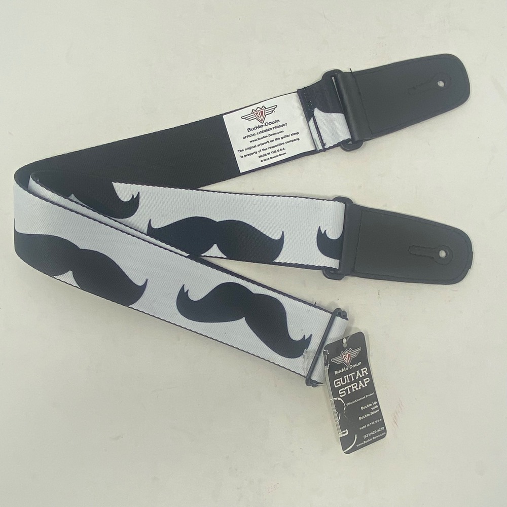 Buckle-Down Mustache Print Guitar Strap White Black Adjustable Made in USA NEW
